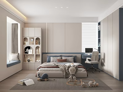 Cozy Kids Room Interior with Bed Stuffed Toys Desk Chair Shelves and Soft Rug 3d model