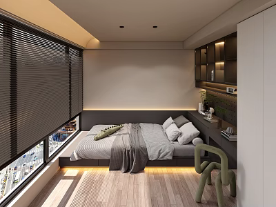 Modern Open Concept Study Room Interior Design With Spacious Desk Bookshelves And Lighting 3d model