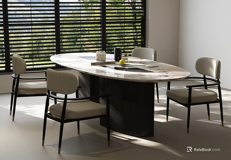 Modern Oval Marble Top Dining Table Set With Four Upholstered Chairs And Natural Light 3d model 