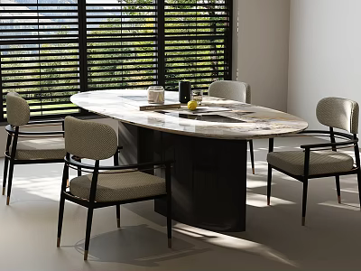 Modern Oval Marble Top Dining Table Set With Four Upholstered Chairs And Natural Light 3d model