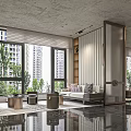 Elegant Modern Luxury Sales Office Interior Featuring Large Windows Sofa And Bookshelf Decorations