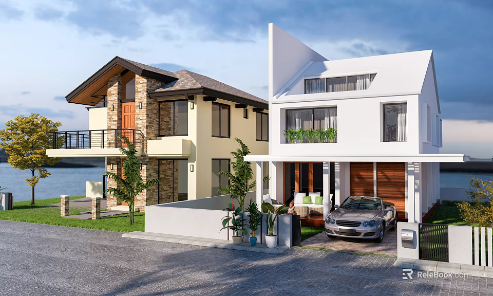 Detached Villa Exterior Design With Yellow White Facade Brown Roof Lakeside View And Garden 3d model 