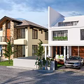 Detached Villa Exterior Design With Yellow White Facade Brown Roof Lakeside View And Garden