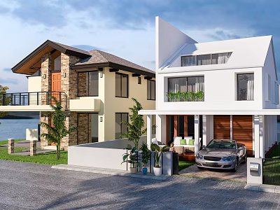 Detached Villa Exterior Design With Yellow White Facade Brown Roof Lakeside View And Garden 3d model