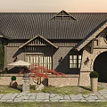 Traditional Detached Villa With Stone Exterior Arched Porch Black Roof And Green Courtyard