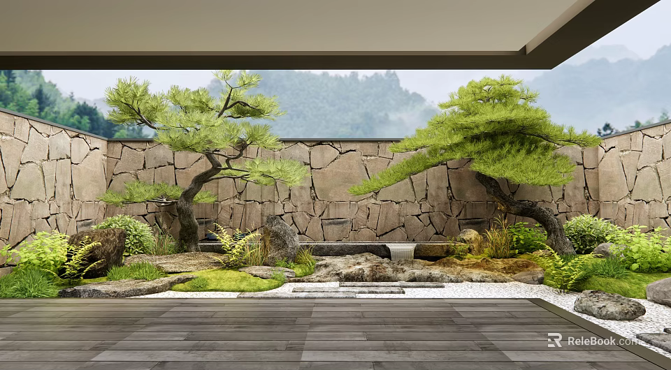Natural Tranquil Courtyard Garden With Stone Wall Pine Trees Flowing Stream and Stone Slab Floor 3d model 