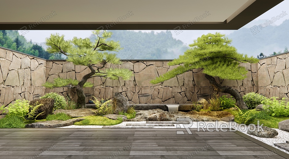 Courtyard Landscape Waterscape Pine Pohan Pine Stone Plant Landscape Shrub model