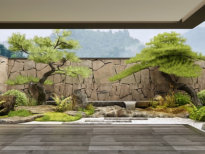 Courtyard Landscape Waterscape Pine Pohan Pine Stone Plant Landscape Shrub model