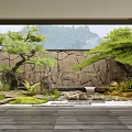 Natural Tranquil Courtyard Garden With Stone Wall Pine Trees Flowing Stream and Stone Slab Floor