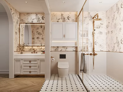 Elegant Bathroom Interior With Floral Wallpaper Gold Shower Fixtures And Black White Checkered Tiles 3d model
