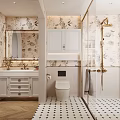 Elegant Bathroom Interior With Floral Wallpaper Gold Shower Fixtures And Black White Checkered Tiles