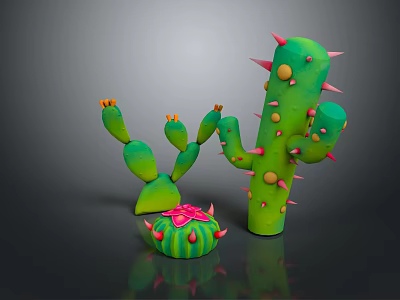 Cartoon Cactus Scene With Multiple Green Cacti Red Spines Yellow Dots and Pink Flower 3d model