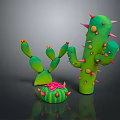 Cartoon Cactus Scene With Multiple Green Cacti Red Spines Yellow Dots and Pink Flower