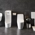 Modern Bathroom With White Toilet Urinal Wash Basin And Dark Tiled Wall