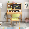 Wooden Desk with Green Chair and Bookshelf Blackboard Plants Books and Office Supplies