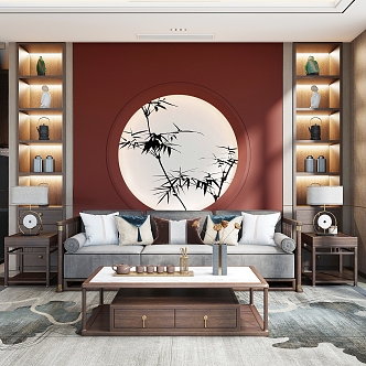 New Chinese Style Living Room Sofa Coffee Table Corner Table Combination Bookcase Shape Background Wall 3d model