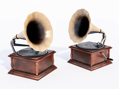 Vintage Gramophones With Wooden Base And Horn Speakers For Audio Playback 3d model