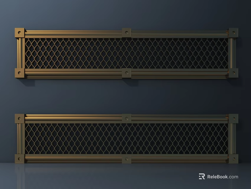 Two Golden Metal Fences With Diamond Mesh Pattern Against Dark Background And Reflective Floor 3d model 