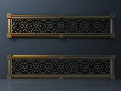 Two Golden Metal Fences With Diamond Mesh Pattern Against Dark Background And Reflective Floor 3d model