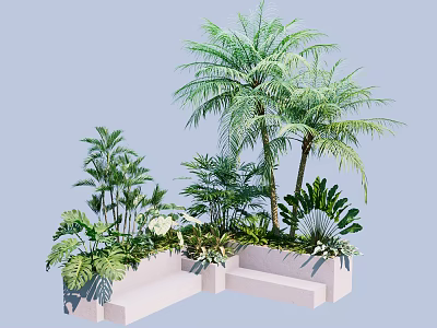 Green Plants Including Palm Tree And Ferns In White Tiered Planters With Light Blue Background 3d model