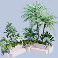 Green Plants Including Palm Tree And Ferns In White Tiered Planters With Light Blue Background