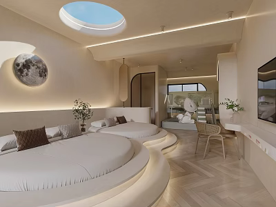 Modern Hotel Guest Room With Round Bed Skylight And Moon Decoration Lighting 3d model
