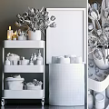Stylish Bathroom Accessories Display On White Shelves With Baskets Bottles Towels And Decorative Elements