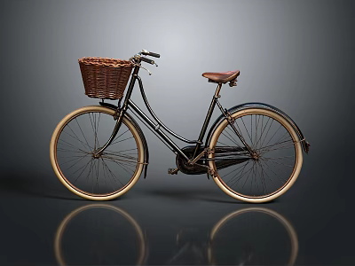 Vintage Bicycle With Wicker Basket Brown Seat Black Frame And Golden Rims 3d model