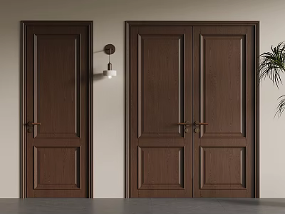 Dark Brown Wooden Interior Panel Doors With Wall Lamp And Decorative Plant 3d model