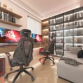 Modern Entertainment Room With Dual Monitors Gaming PC Sofa Bookshelves And Wall Art