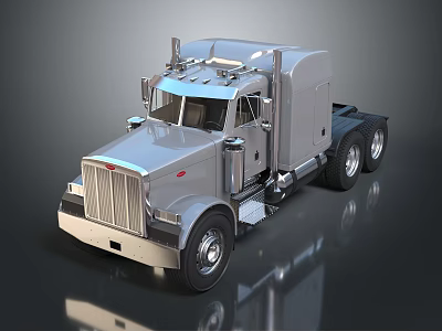 Silver Heavy Duty Truck With Chrome Grille Tall Cab Exhaust Pipes And Reflective Surface 3d model
