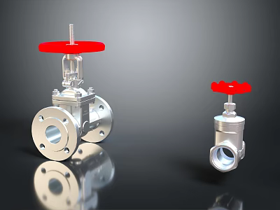 Silver Metal Valves With Red Handles And Different Sizes For Industrial Applications 3d model