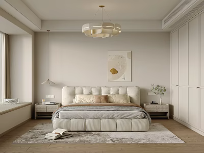 Elegant Modern Bedroom With Large Bed Pillows Nightstands Pendant Light And Wooden Floor Rug 3d model