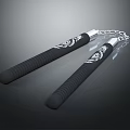 Traditional Nunchucks Weapon With Black Handles White Patterns And Silver Chain