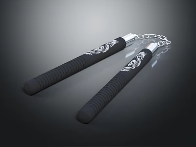 Traditional Nunchucks Weapon With Black Handles White Patterns And Silver Chain 3d model