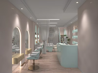 Modern Beauty Hair Salon Interior With Stylish Mirrors Chairs And Light Decor 3d model