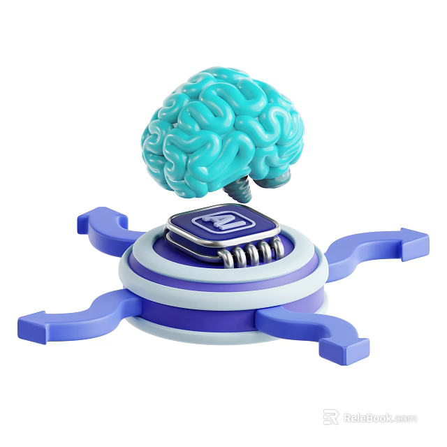 Smart Machine with Blue Brain and Central Chip Connected by Arrows 3d model