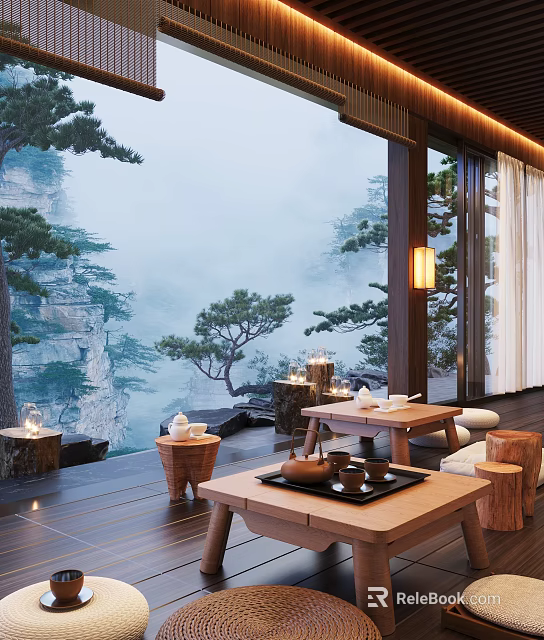 Tranquil Misty Mountain Teahouse With Wooden Terrace Pine Trees Hanging Lanterns And Tea Sets 3d model 
