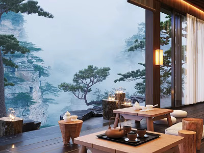 Tranquil Misty Mountain Teahouse With Wooden Terrace Pine Trees Hanging Lanterns And Tea Sets 3d model