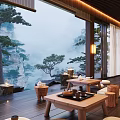 Tranquil Misty Mountain Teahouse With Wooden Terrace Pine Trees Hanging Lanterns And Tea Sets