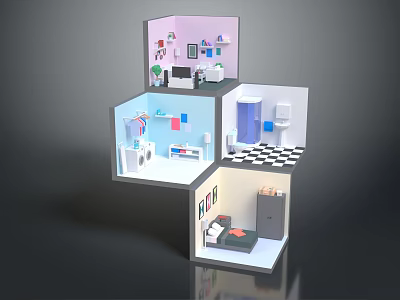 Multi Level Interior Scene Model With Room Layouts Bookshelves Bathroom Fixtures And Bedroom Furniture 3d model