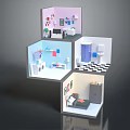 Multi Level Interior Scene Model With Room Layouts Bookshelves Bathroom Fixtures And Bedroom Furniture