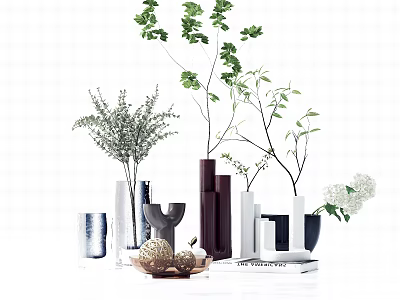 Various Modern Vases with Green Plants White Flowers and Decorative Branches 3d model