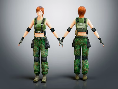 Realistic 3D Female Character Model With Red Hair And Camouflage Uniform Front Back Views 3d model