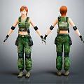 Realistic 3D Female Character Model With Red Hair And Camouflage Uniform Front Back Views