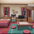 Pink And Green Bedroom Interior With Pink Bed Curtains Green Carpet Coffee Table And Cushions