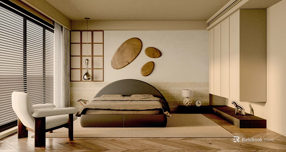 Modern Bedroom Interior Design With Plush Bed Herringbone Flooring And Wooden Wall Decor 3d model 