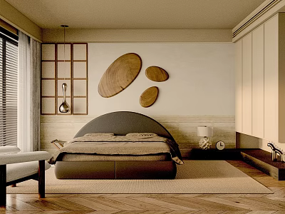 Modern Bedroom Interior Design With Plush Bed Herringbone Flooring And Wooden Wall Decor 3d model