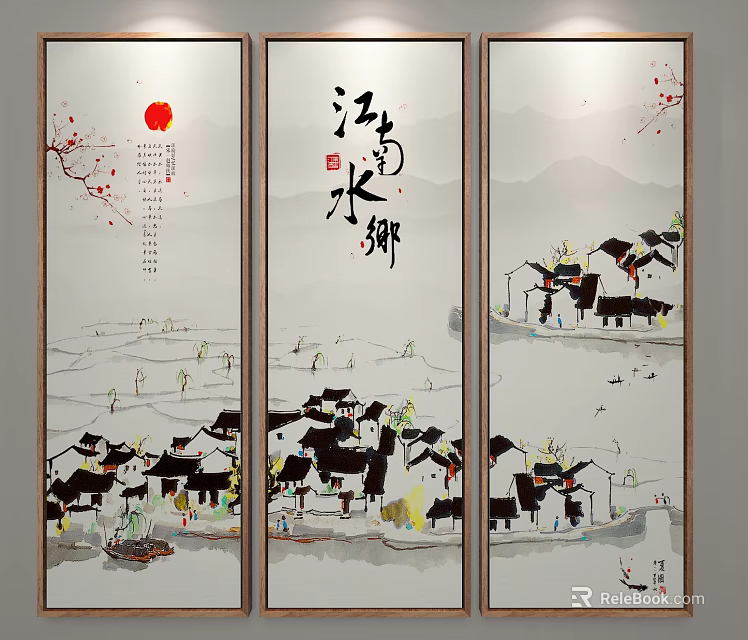 Traditional Chinese Landscape Painting With Jiangnan Water Town Black Houses Boats And Red Sun 3d model 