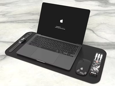 Apple Laptop on Black Desk Organizer Tray with Mouse USB Drive and Pens 3d model